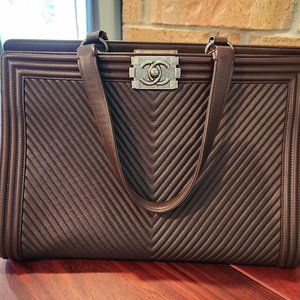 Chanel Maroon Chevron Quilted Leather Large Boy Shopping Tote